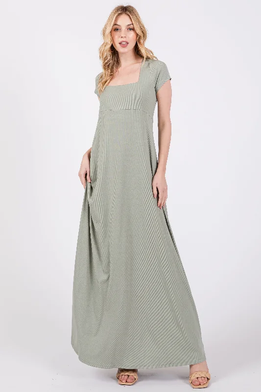 ladies-maxi-dress-insta-illume-Light Olive Ribbed Square Neck Short Sleeve Maxi Dress