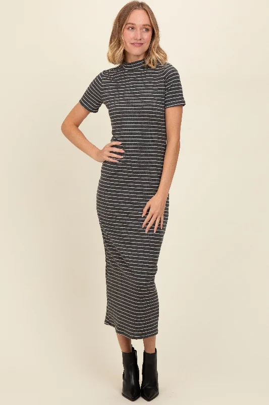 Women's midi dress bloom pop -Charcoal Striped Mock Neck Fitted Midi Dress