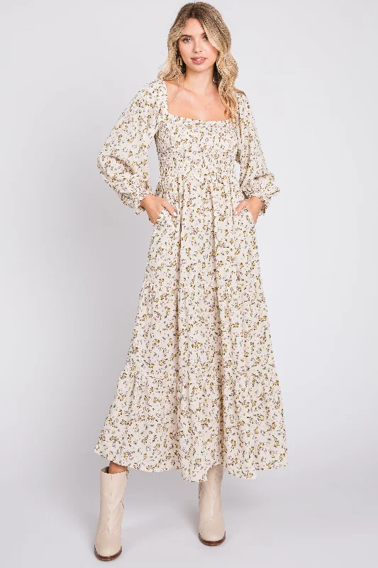 ladies-maxi-dress-cocktail-calm-Cream Floral Smocked Long Sleeve Maxi Dress