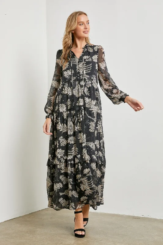 ladies-maxi-dress-one-shoulder-silk-Black Floral Front Button Tiered Maxi Dress