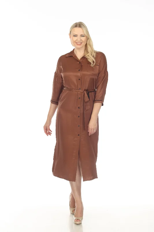 Women's midi dress egg glow -Joseph Ribkoff Toffee/Black Belted Button-Down Midi Shirt Dress 233258