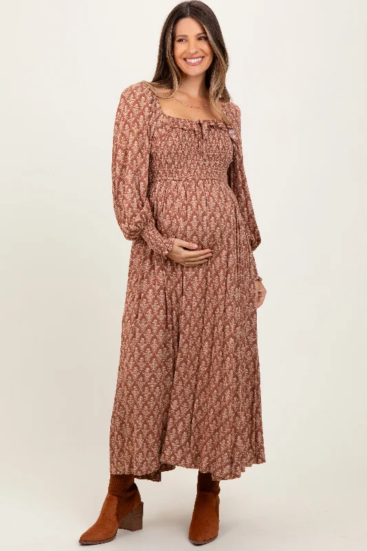 ladies-maxi-dress-prom-poise-Mocha Damask Print Smocked Ruffle Accent Maternity Maxi Dress