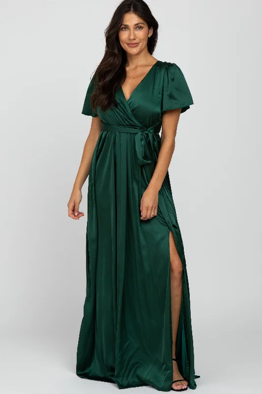 ladies-maxi-dress-flowy-finesse-Green Side Slit Satin Maxi Dress