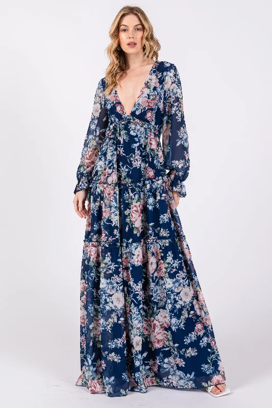 ladies-maxi-dress-party-petal-Navy Blue Floral Chiffon Deep V Ruffle Tiered Maxi Dress