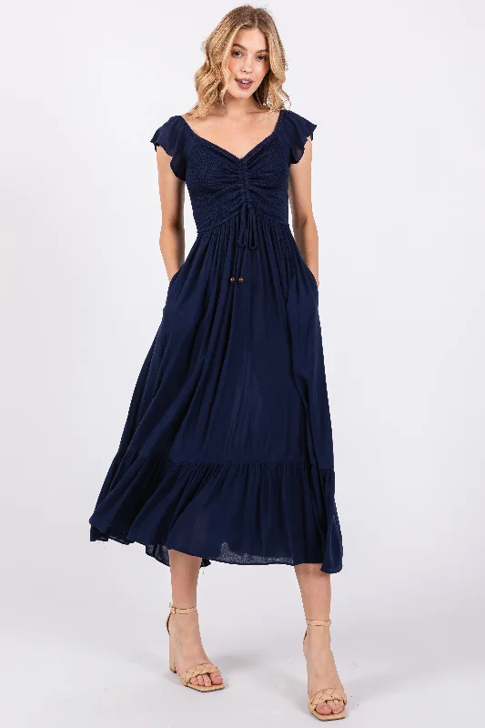 ladies-maxi-dress-velvet-vision-Navy Smocked Ruched Ruffle Hem Maxi Dress