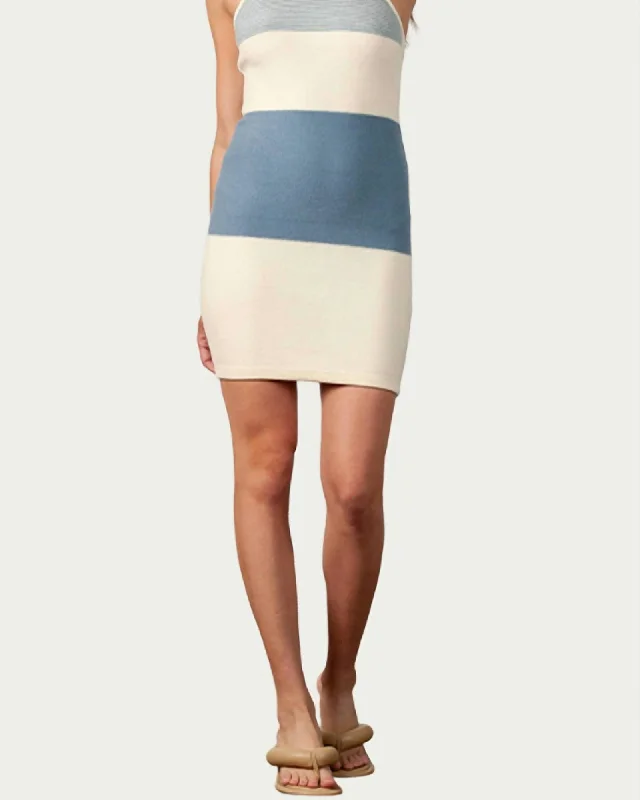 ladies-mini-dress-rust-rush-Candytuft Knitted Halterneck Mini Dress in Ivory/Blue | Ivory/Blue