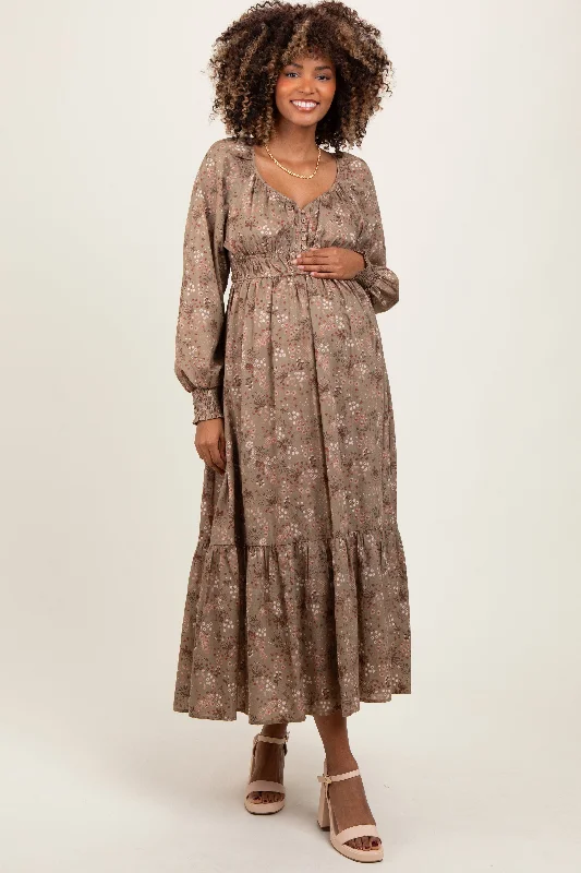 ladies-maxi-dress-coffee-calm-Mocha Raglan Sleeve Floral Button Maternity Maxi Dress