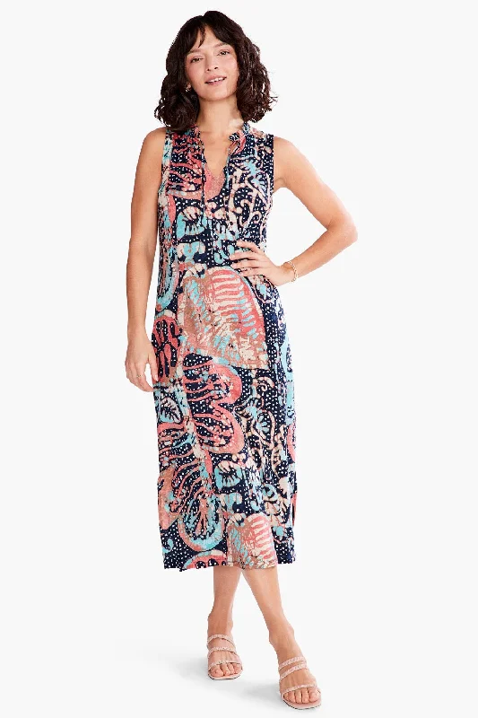 Women's midi dress hip glow -NIC+ZOE Indigo/Multi Batik Stamp Sleeveless Midi Tank Dress S231251