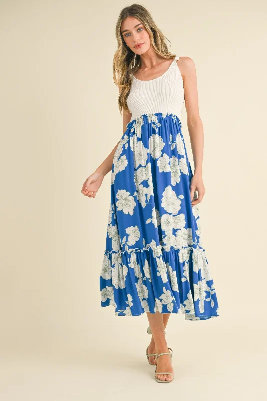 Women's midi dress wrap chic -Royal Blue Floral Colorblock Midi Dress