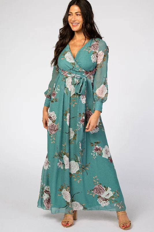 ladies-maxi-dress-loose-luster-Teal Floral Chiffon Maternity Maxi Dress