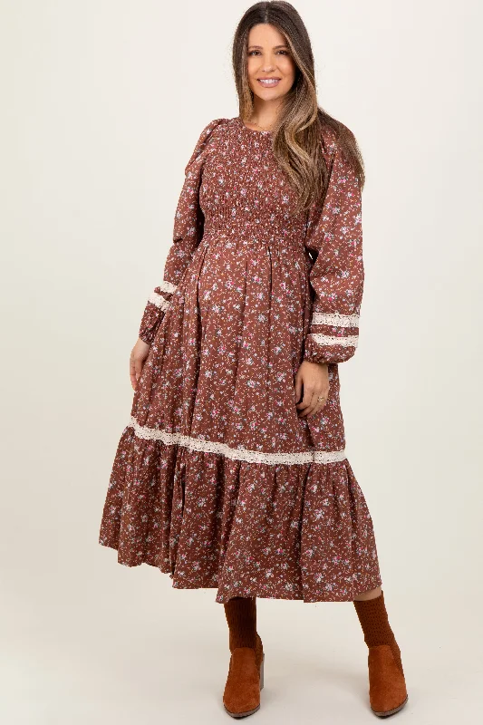 ladies-maxi-dress-plus-size-prance-Mocha Smocked Floral Crochet Lace Trim Maternity Maxi Dress