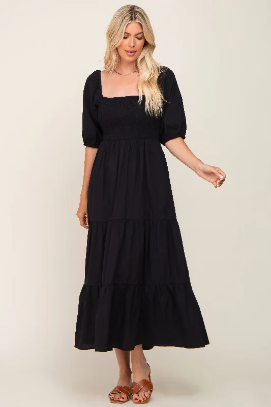 ladies-maxi-dress-street-silk-Black Square Neck Smocked Tiered Maxi Dress