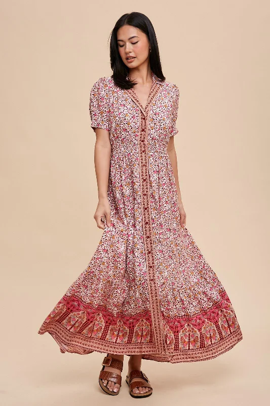 Women's midi dress stem chic -Pink Floral Button Up Midi Dress