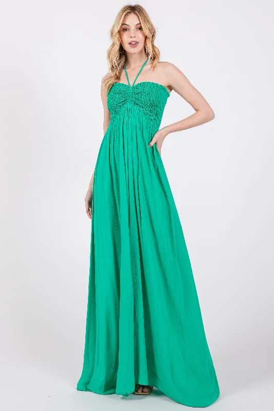 ladies-maxi-dress-versatile-vibe-Green Smocked Halter Maxi Dress