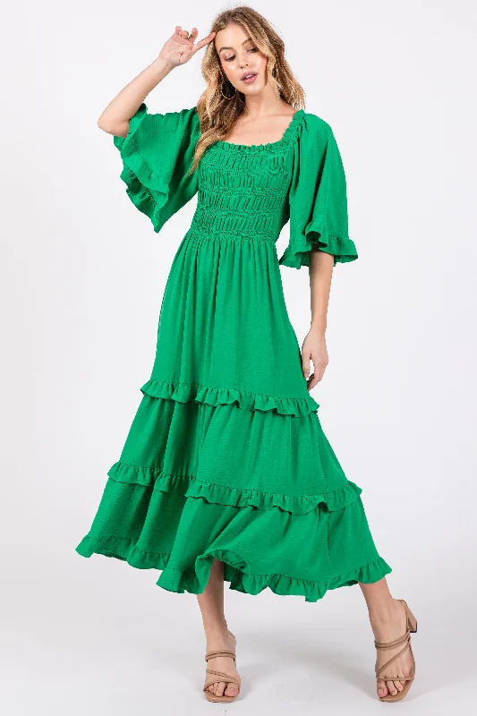 Women's midi dress buzz flair -Green Smocked Ruffle Tiered Midi Dress