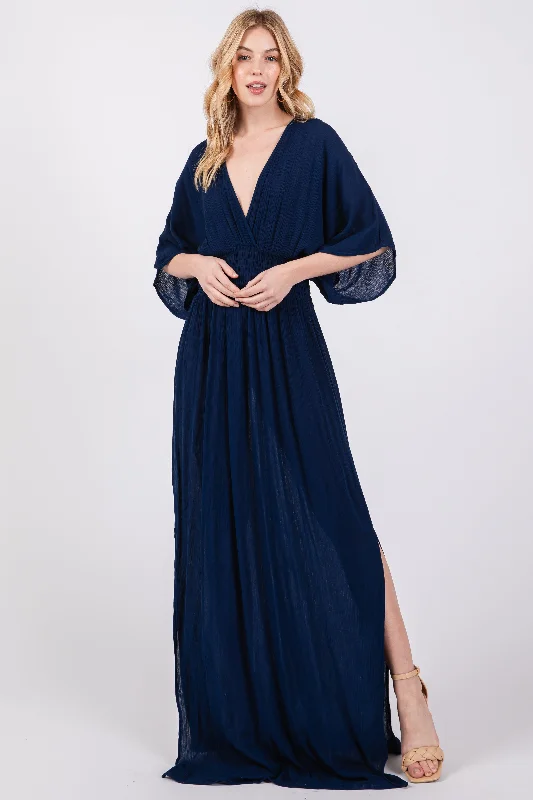 ladies-maxi-dress-work-to-whimsy-Navy Lightweight Deep V-Neck Maxi Dress