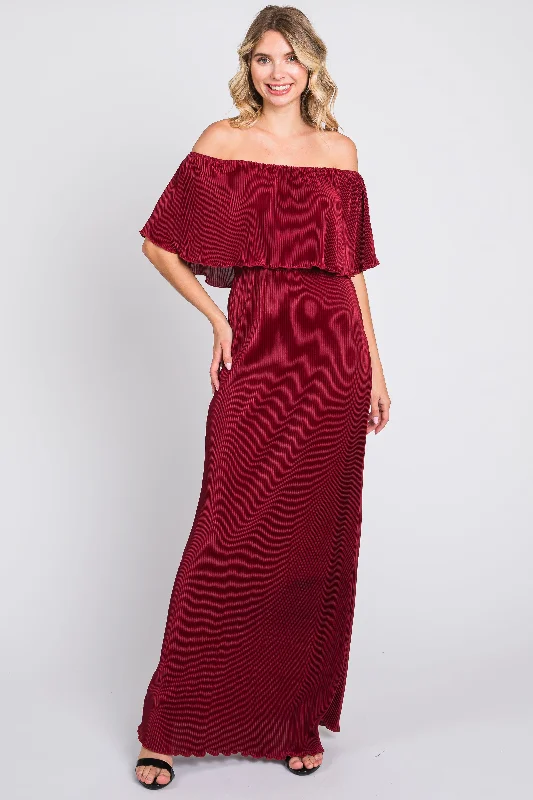 ladies-maxi-dress-fuchsia-fable-Burgundy Pleated Ruffle Off Shoulder Maxi Dress