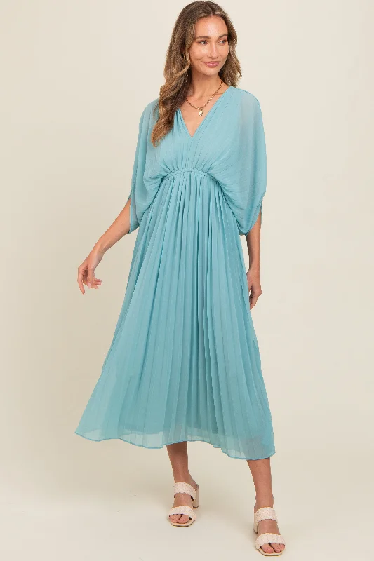 ladies-maxi-dress-value-vision-Blue Pleated V Neck Maxi Dress