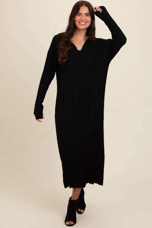 Women's midi dress fit pop -Black Ribbed Collared Midi Sweater Dress