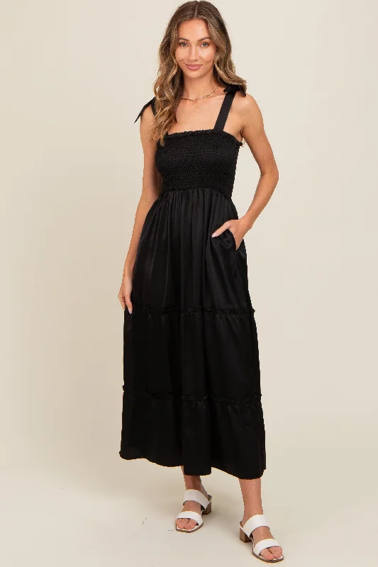 ladies-maxi-dress-runway-ripple-Black Satin Smocked Maxi Dress