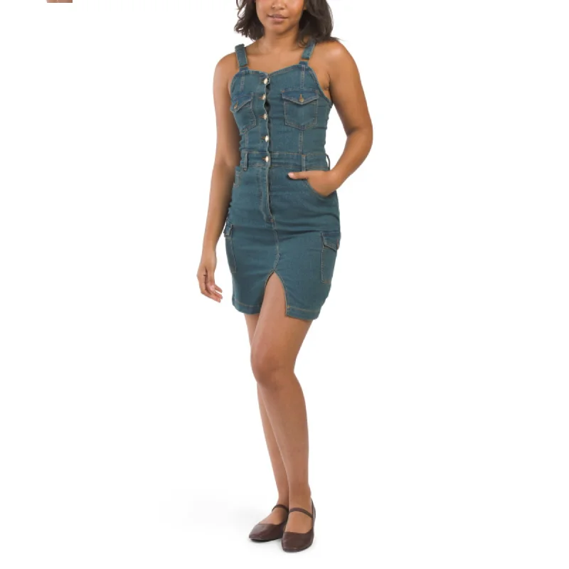 ladies-mini-dress-holiday-hush-BEBE Women's Sleeveless Button Front Denim Mini Dress