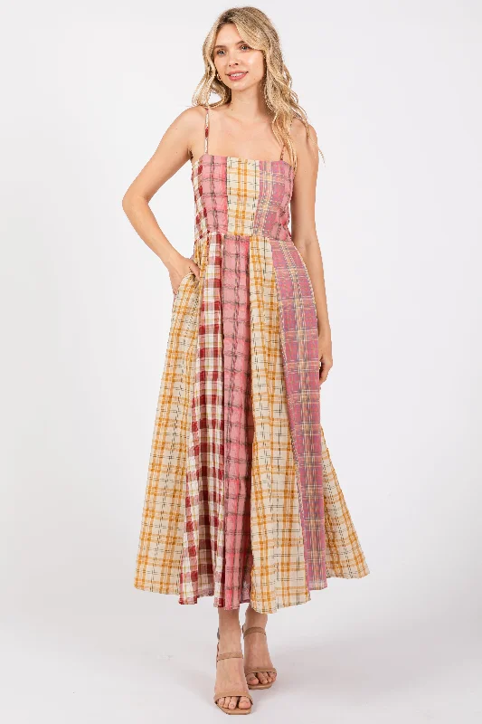 ladies-maxi-dress-sleeveless-sweep-Pink Mixed Plaid Maxi Dress