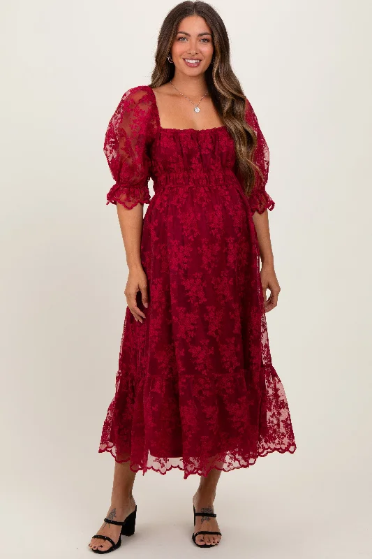 ladies-maxi-dress-stretchy-sway-Burgundy Floral Mesh Lace Overlay Maternity Maxi Dress