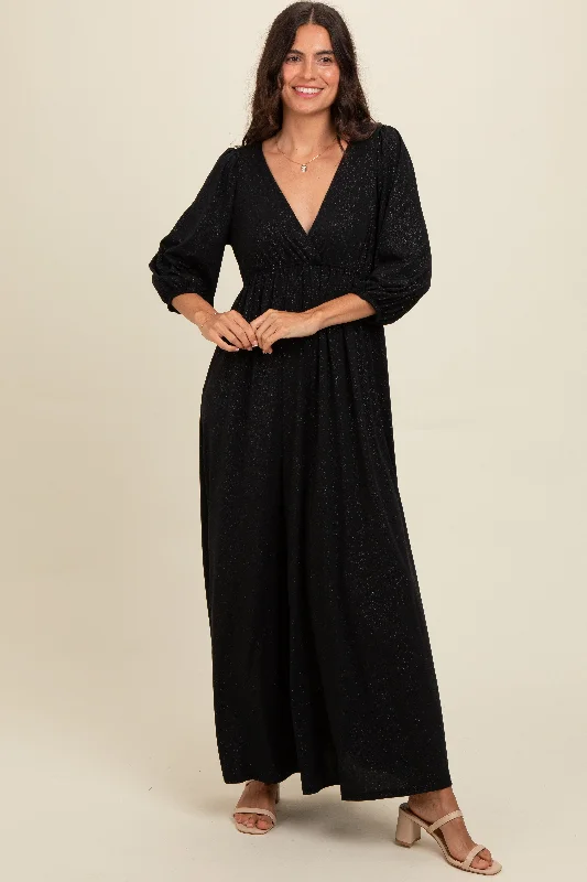 ladies-maxi-dress-tiktok-twirl-Black Glitter V-Neck Maxi Dress