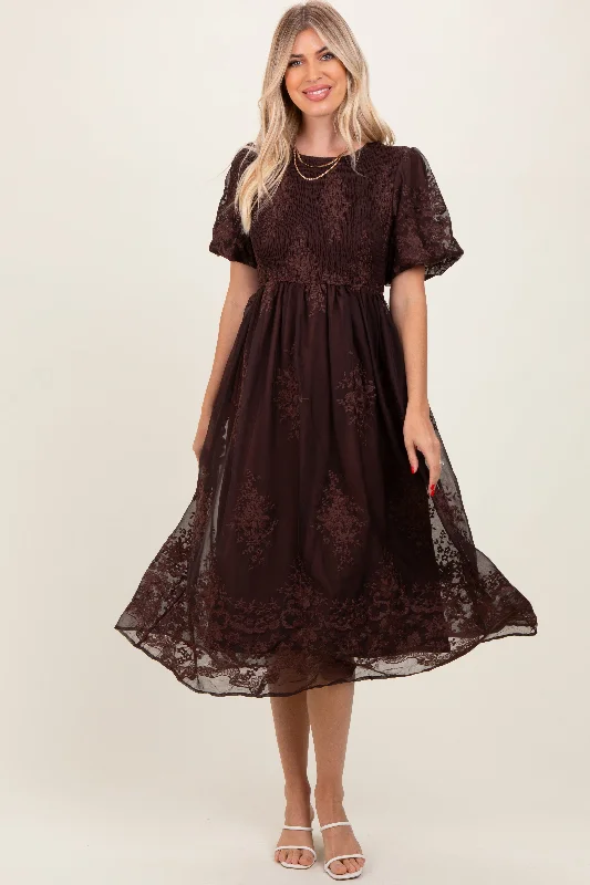 Women's midi dress span chic -Brown Floral Embroidered Mesh Overlay Smocked Midi Dress