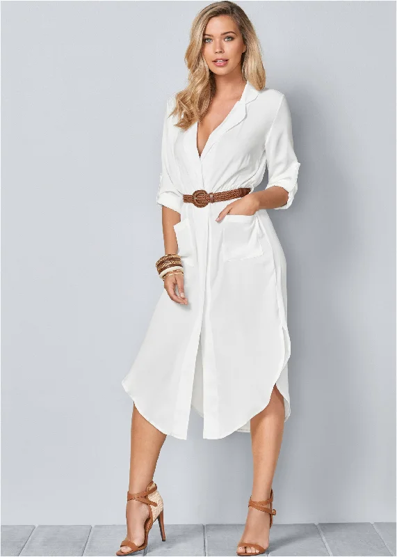 Women's midi dress sprout flair -Belted Midi Shirt Dress - White