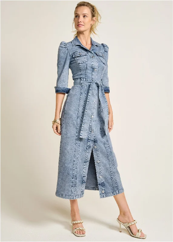 Women's midi dress smooth pop -Tie-Waist Denim Midi Dress - Acid Wash