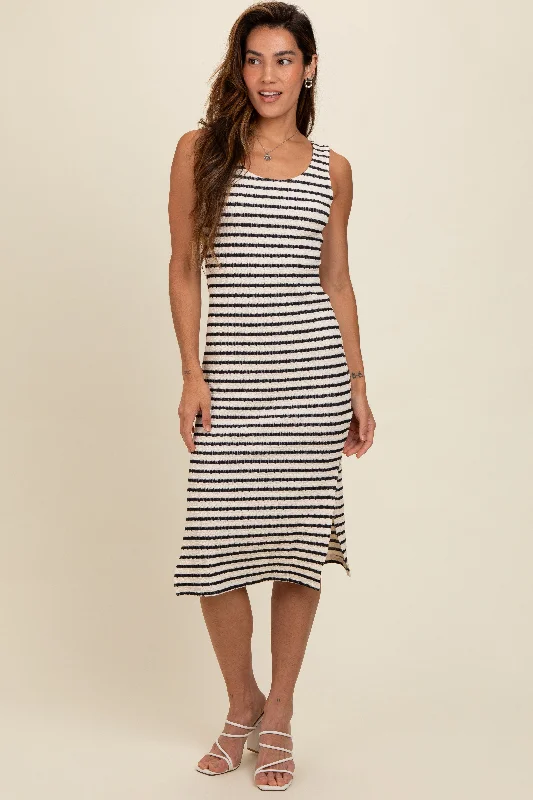 Women's midi dress deal flair -Navy Blue Striped Side Slit Midi Dress