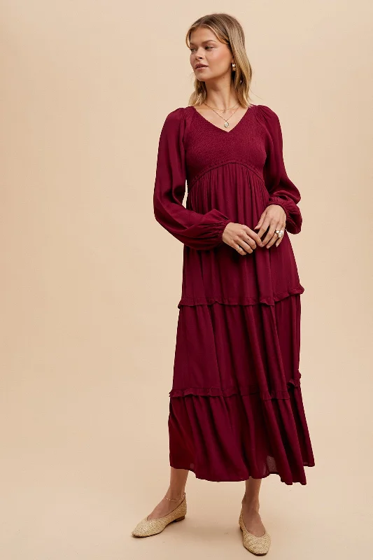 Women's midi dress smooth pop -Burgundy Smocked Tiered Midi Dress