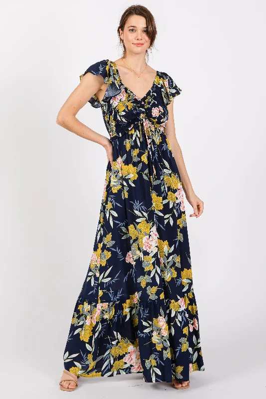 ladies-maxi-dress-fitted-fawn-Navy Floral Smocked Cinched Top Maxi Dress