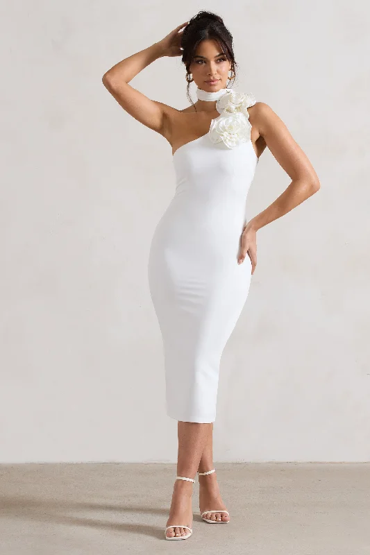 ladies-bodycon-dress-dance-dazzle-The Soiree | White Bodycon Midi Dress With Ruffled Choker