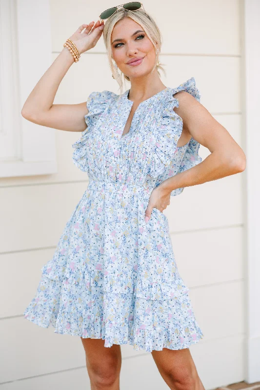 Women's party dress void flair -Garden Party Light Blue Ditsy Floral Mini Dress