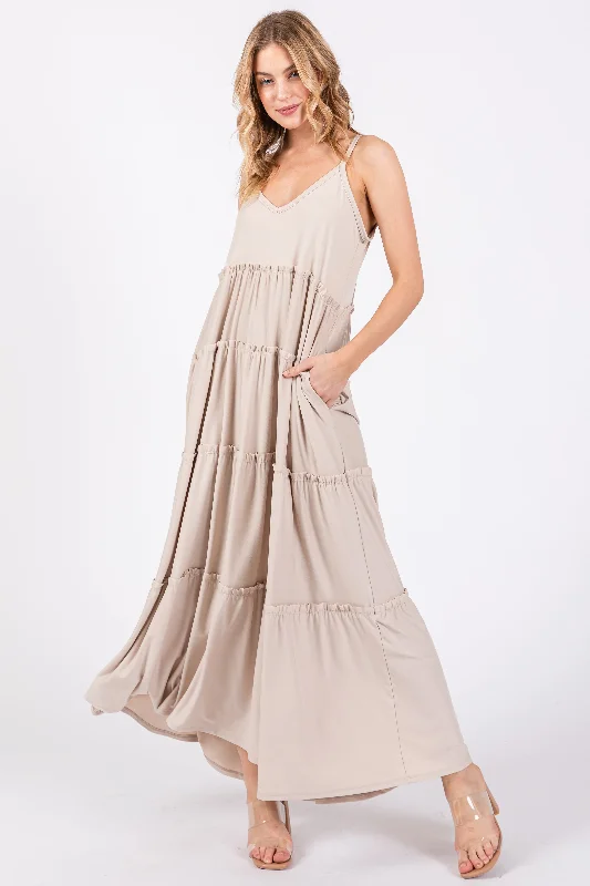 ladies-maxi-dress-youthful-yield-Beige Tiered Sleeveless Maxi Dress