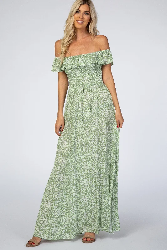 ladies-maxi-dress-crochet-calm-Green Floral Ruffle Off Shoulder Maxi Dress