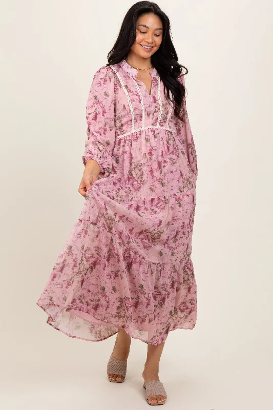 ladies-maxi-dress-cream-charm-Pink Floral Lace Trim Maxi Dress