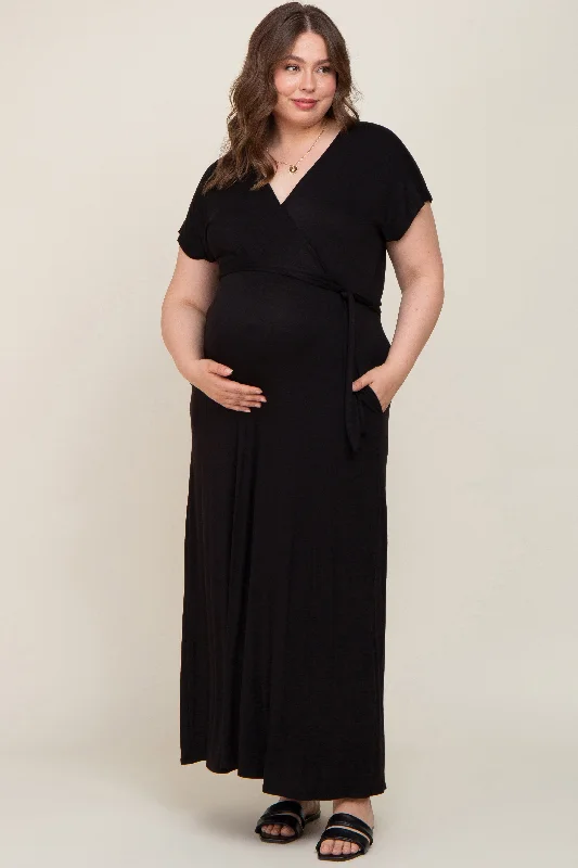 ladies-maxi-dress-heather-hush-Black Basic Maternity Plus Wrap Maxi Dress