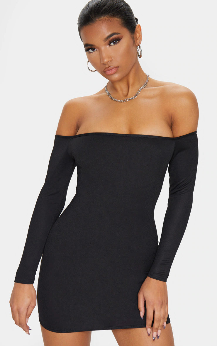 ladies-bodycon-dress-velvet-vamp-Black Bardot Bodycon Dress