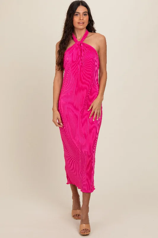 Women's midi dress frill glow -Fuchsia Knot Front Plisse Halter Midi Dress