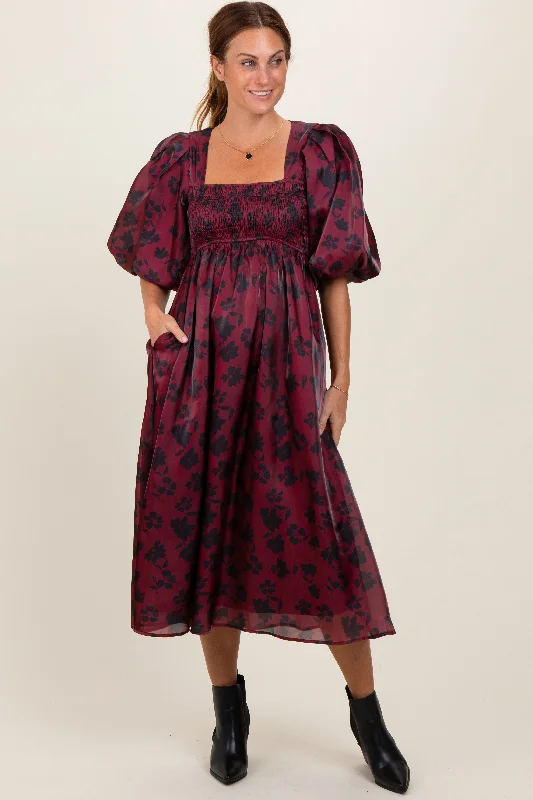 Women's midi dress knee chic -Burgundy Satin Floral Smocked Midi Dress