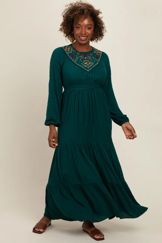 ladies-maxi-dress-weekend-wisp-Dark Teal Embroidered Tiered Maxi Dress