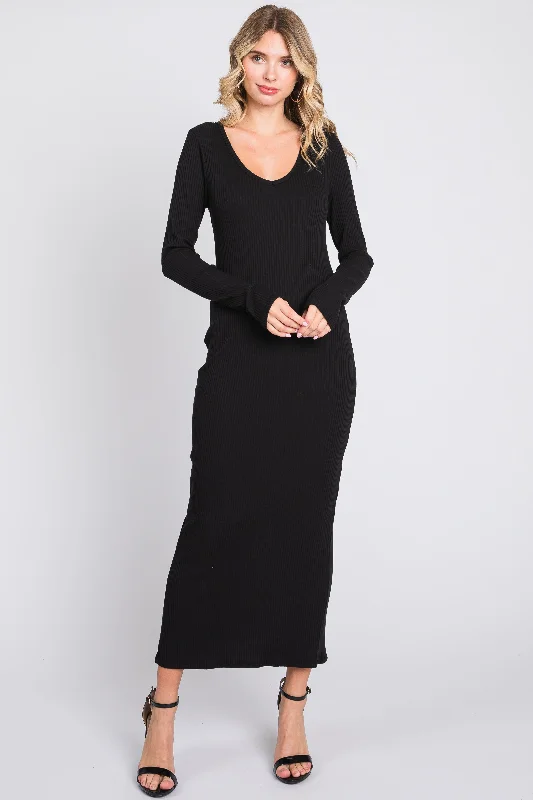 ladies-maxi-dress-fuchsia-fable-Black Ribbed Long Sleeve Maxi Dress