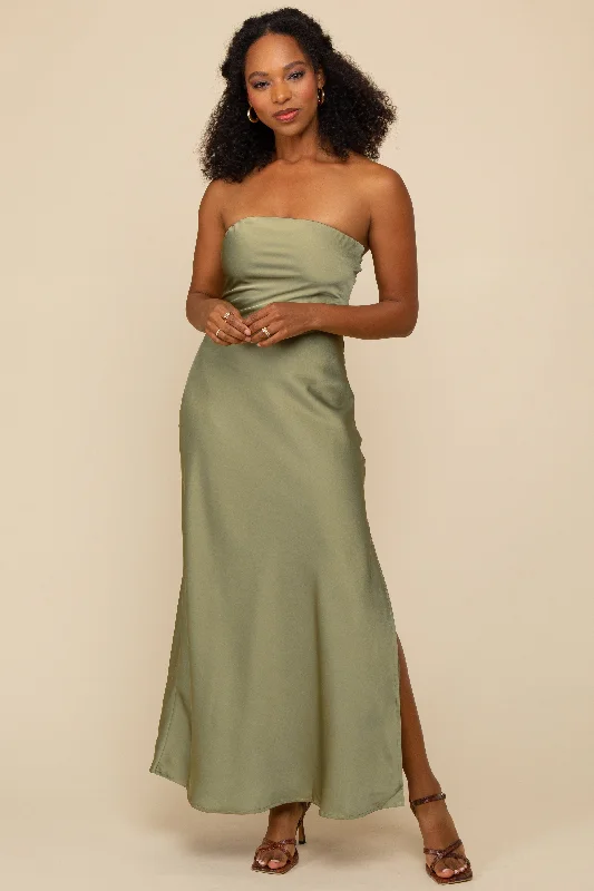 ladies-maxi-dress-custom-charm-Sage Olive Strapless Bias Cut Maxi Dress