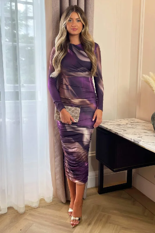 ladies-bodycon-dress-white-wow-Plum Printed Long Sleeve Ruched Bodycon Midi Dress