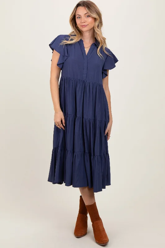 Women's midi dress plush glow -Navy Blue Ruffle Sleeve V-Neck Tiered Midi Dress