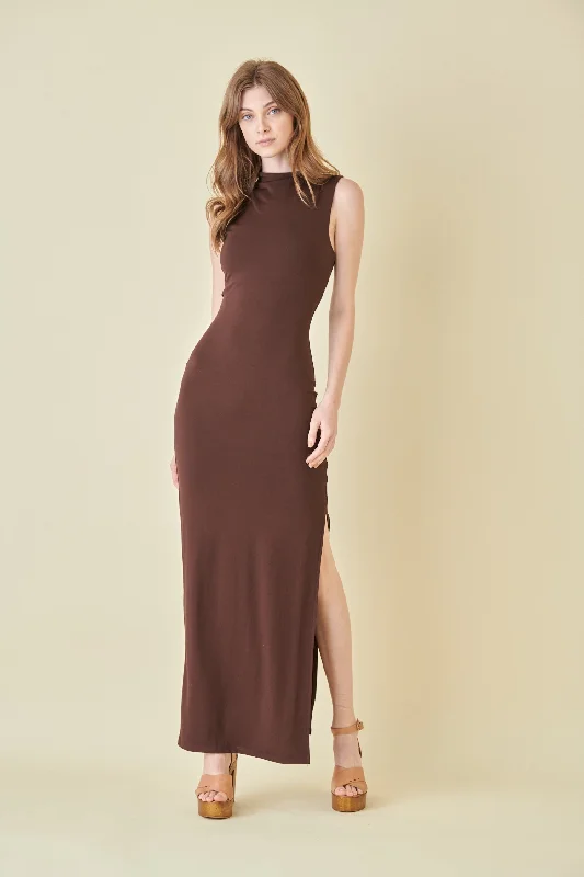 ladies-maxi-dress-structured-silk-Brown Asymmetrical Neck Side Slit Maxi Dress