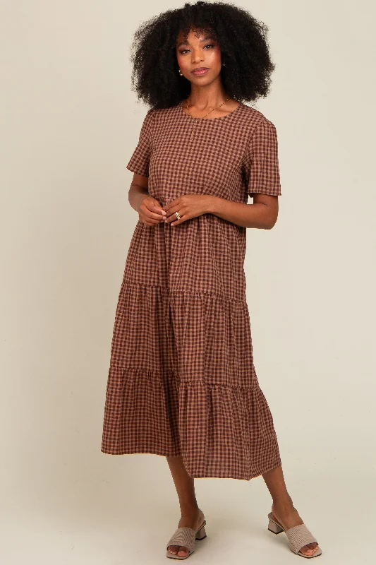 Women's midi dress snag pop -Mocha Gingham Tiered Midi Dress